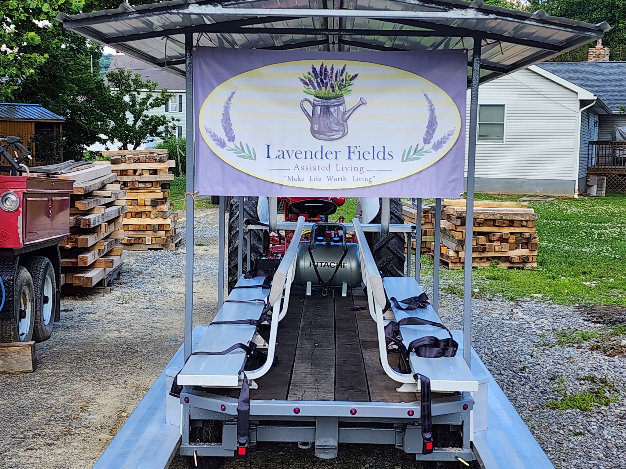 The Lavender Fields Assisted Living banner displayed on the community tram