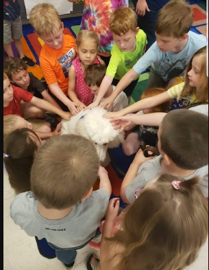 Beverly Grade School student council kids gathered in a circle with their hands on a dog together